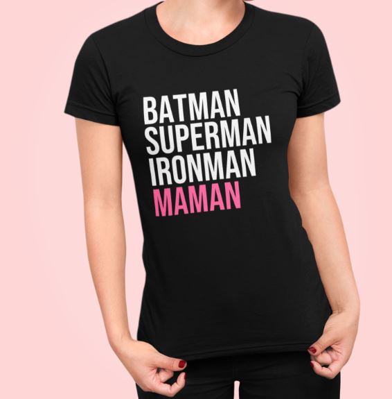Image de t-shirt noir "Batman, Superman, Ironman, Maman" - MCL Sérigraphie