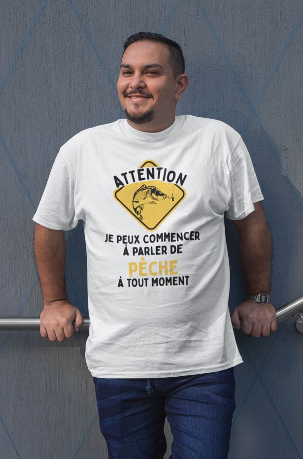 Image t-shirt blanc homme "attention je peux commencer à parler de pêche à tout moment" - MCL Sérigraphie